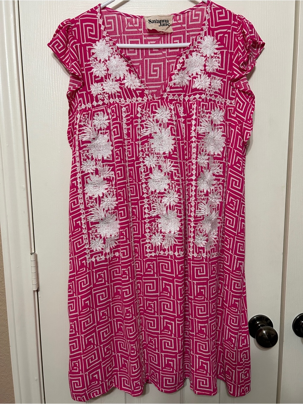 Savanna Jane Hot Pink Midi Dress with White Embroidery